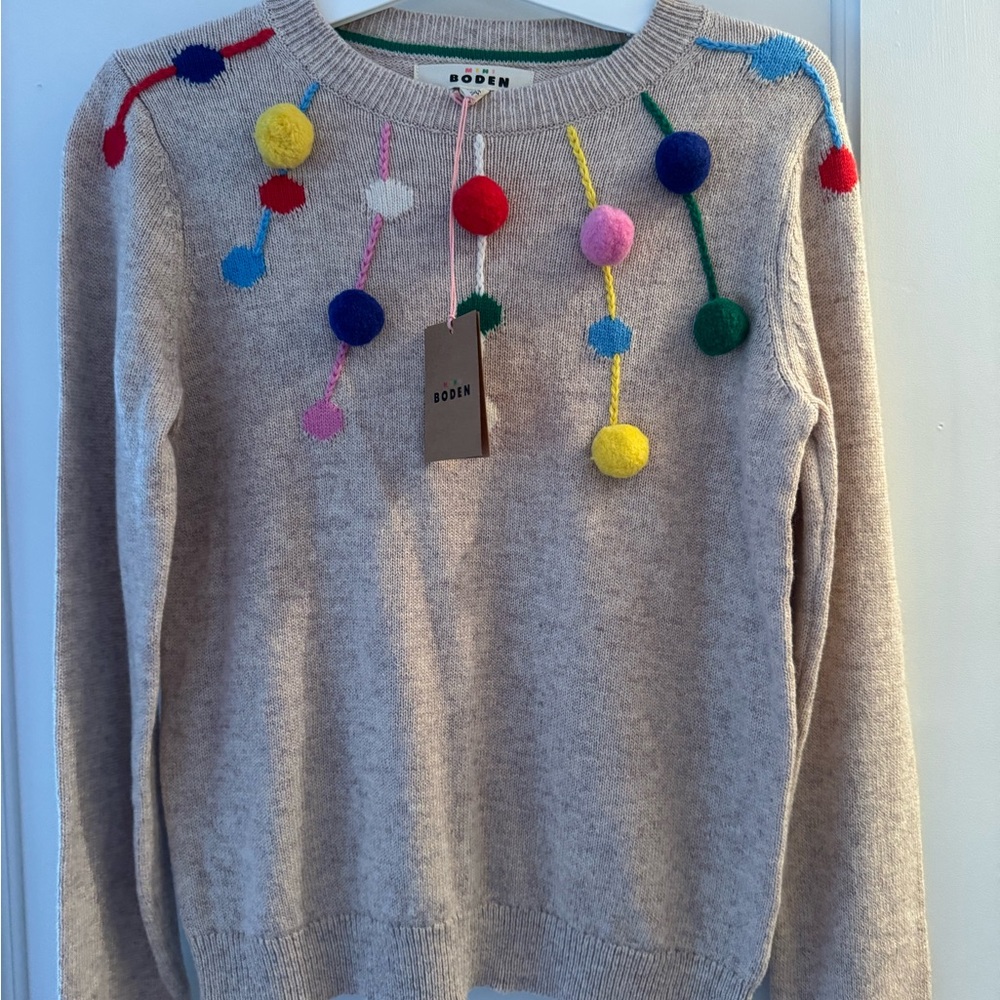 Mini Boden Cream Sweater with Colorful Pom Poms
